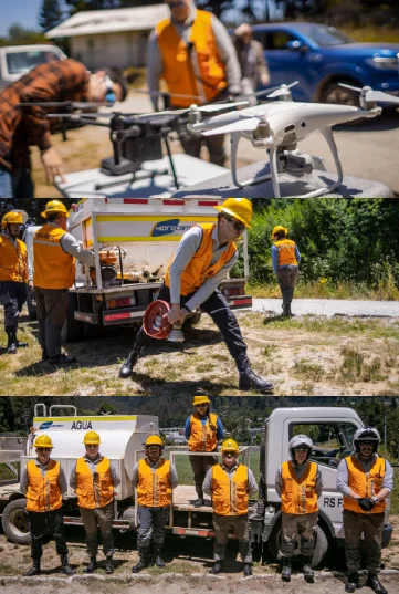 Collage de brigadistas forestales: preparación de dron, despliegue de manguera de camión aljibe y equipo posando.