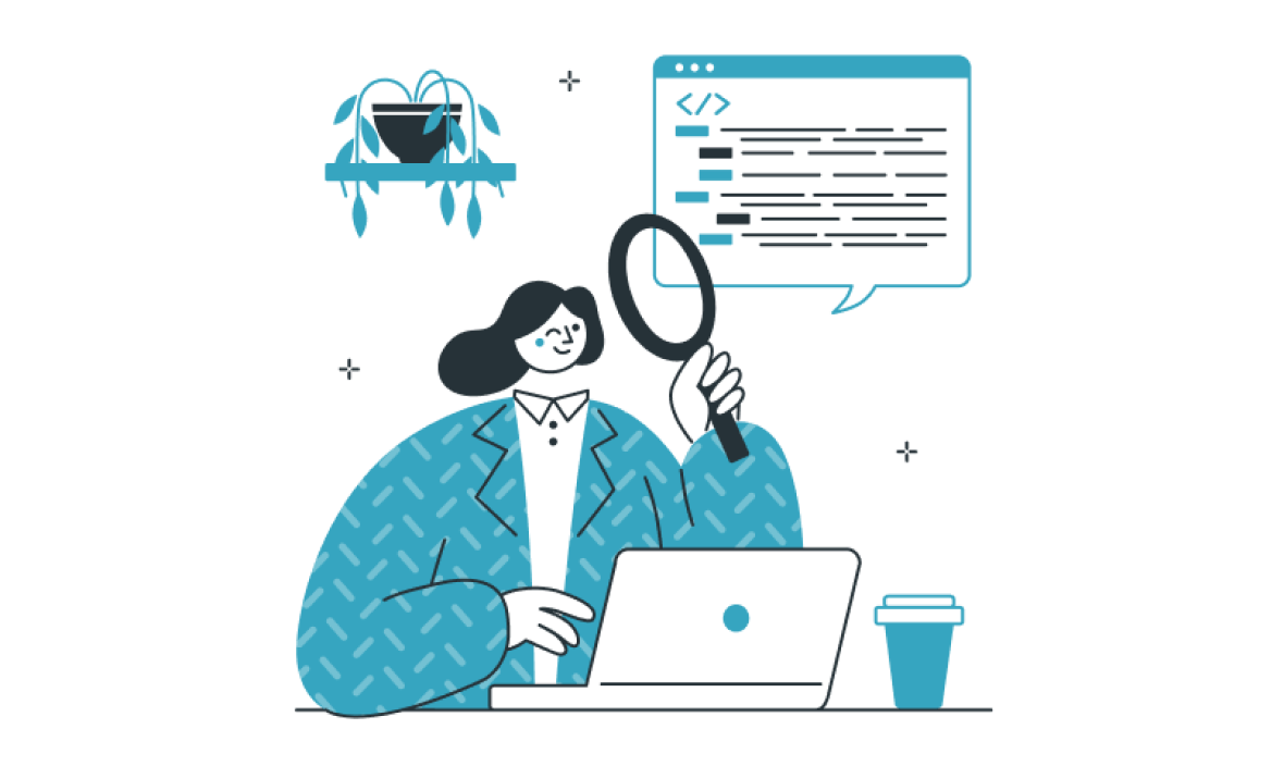 Profesional revisa código en laptop con lupa, junto a ventana de programación, taza y planta colgante de fondo.