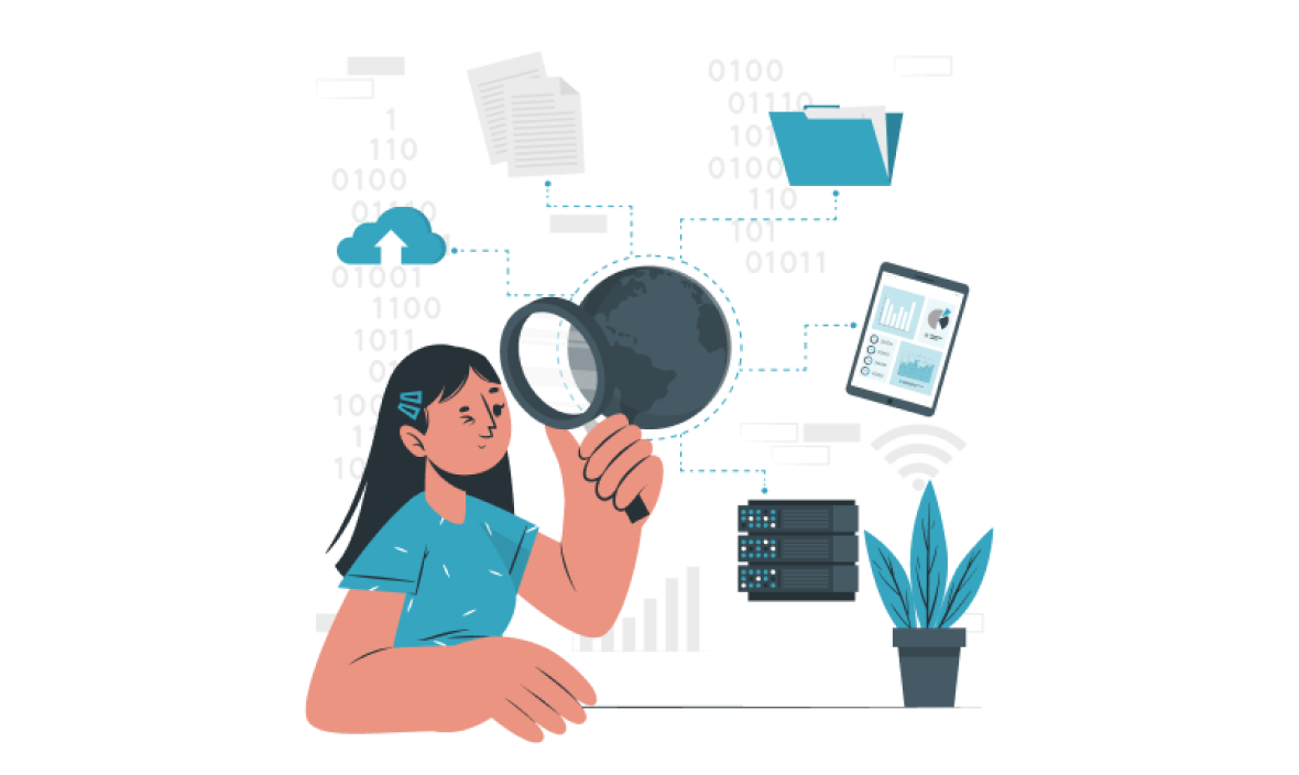 Ilustración de mujer con lupa examinando datos binarios y gráficos; iconos de nube, servidor, carpeta y Wi-Fi alrededor.