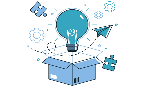 Bombilla azul sobresale de caja abierta, rodeada de engranajes, piezas de puzzle y avión de papel, simboliza innovación.
