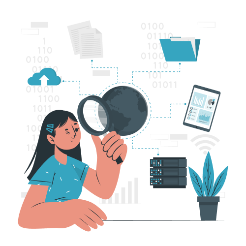 Ilustración de mujer con lupa examinando datos binarios y gráficos; iconos de nube, servidor, carpeta y Wi-Fi alrededor.