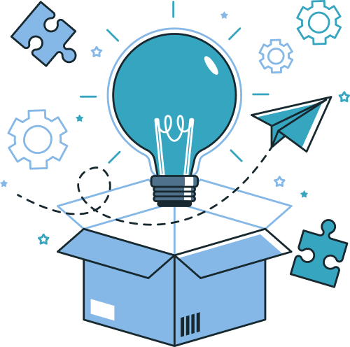 Bombilla azul sobresale de caja abierta, rodeada de engranajes, piezas de puzzle y avión de papel, simboliza innovación.