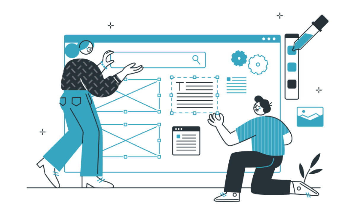 Ilustración de dos personas organizando bloques y texto en maqueta web gigante.