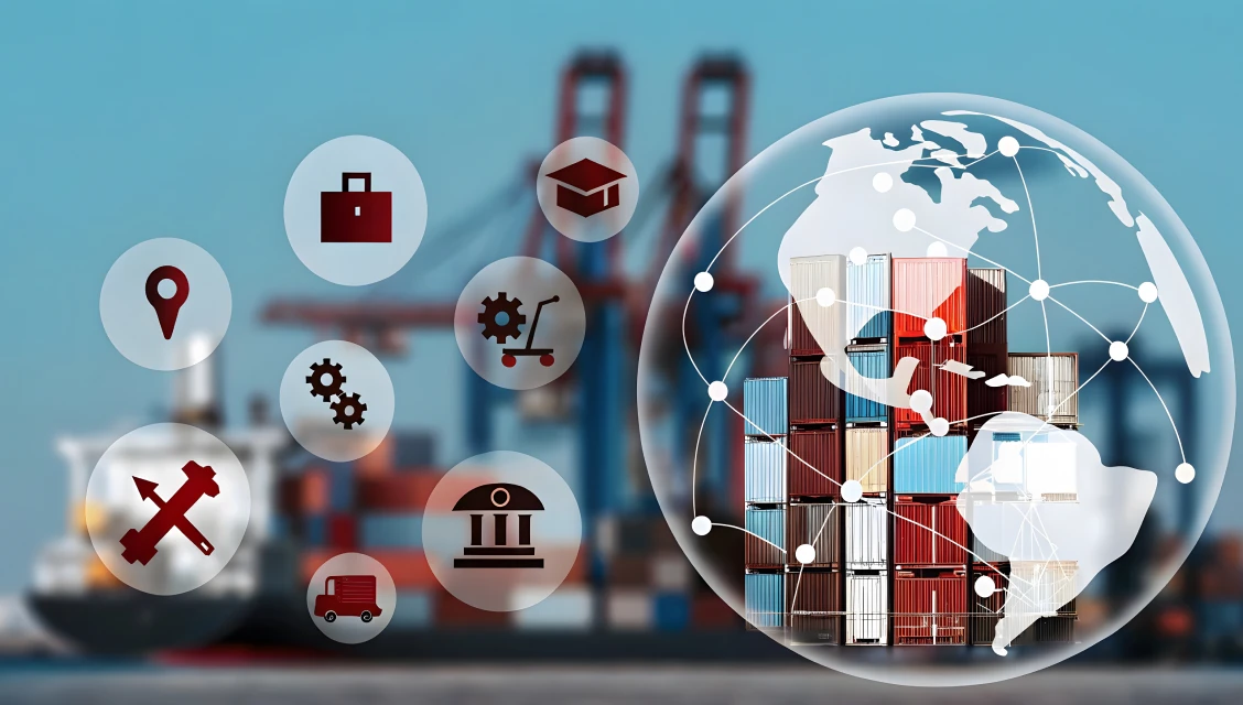 Contenedores apilados bajo esfera con mapa y nodos, rodeados de íconos sobre logística, comercio y servicios.